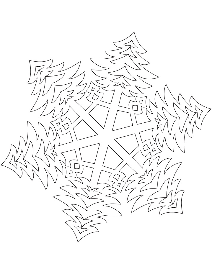 Dibujo de Copo de Nieve Con Tupidos Árboles de Navidad para Colorear y Imprimir