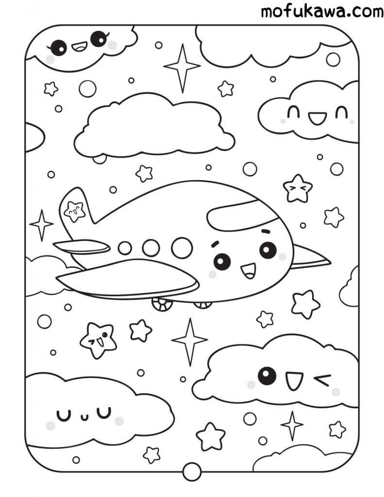 dibujo avion y nube kawaii para colorear