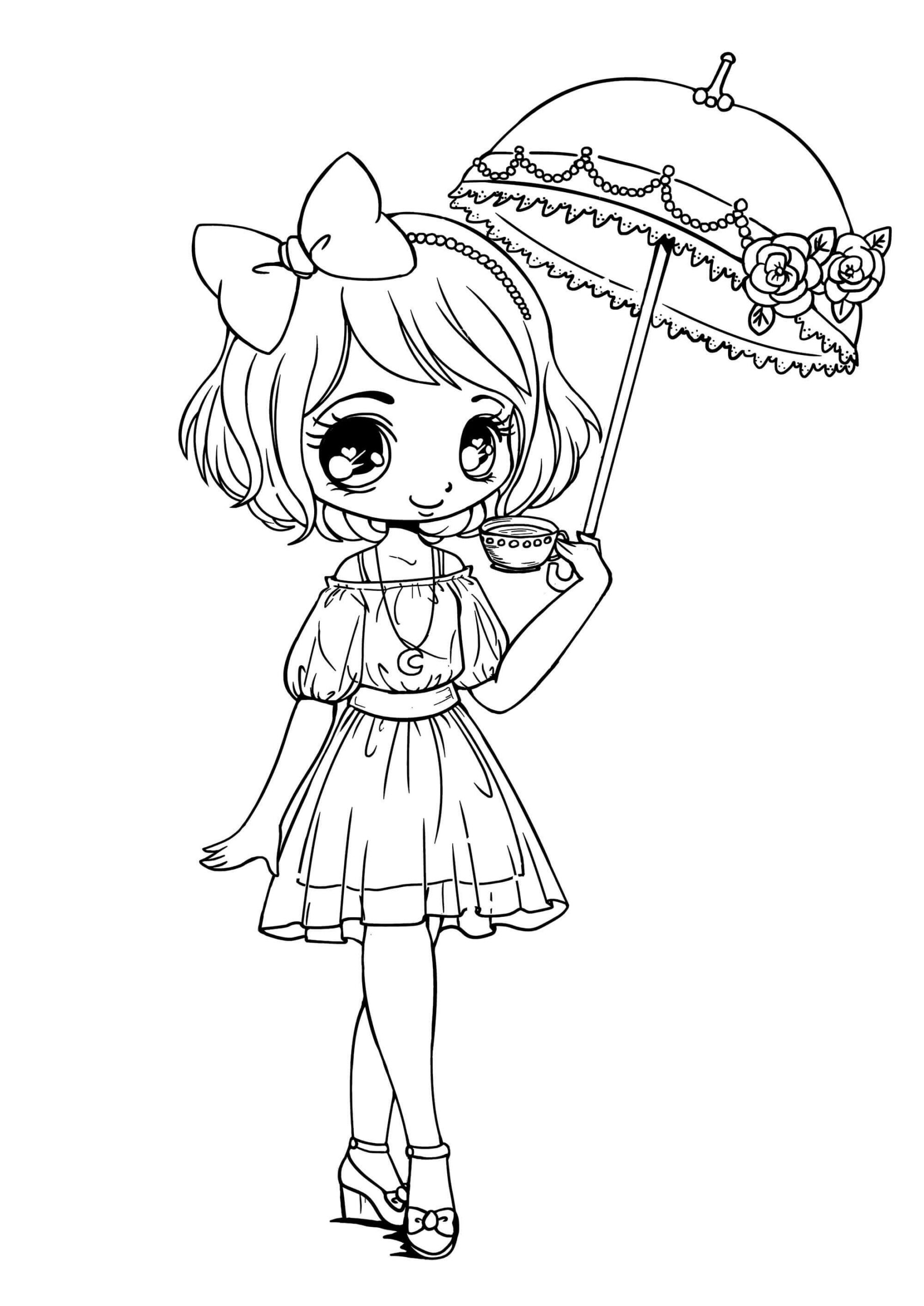 dibujo chica de kawaii sosteniendo paraguas para colorear