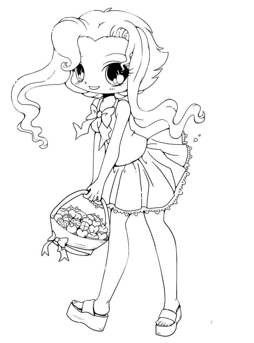 dibujo chica sosteniendo una cesta de frutas kawaii para colorear