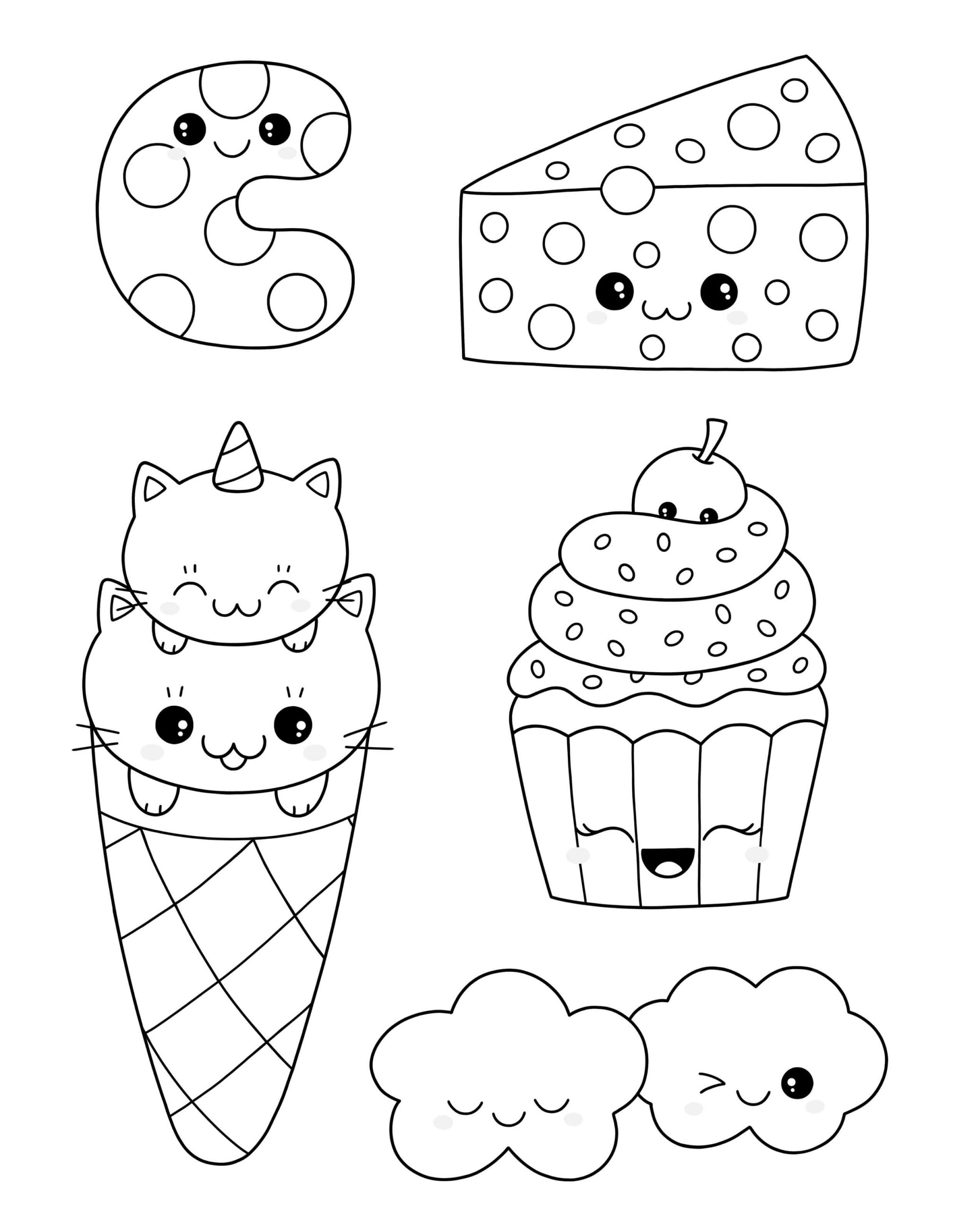 dibujo cinco alimentos kawaii para colorear