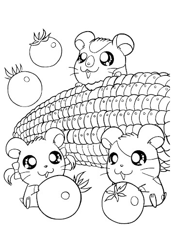 dibujo conejo kawaii y verduras para colorear