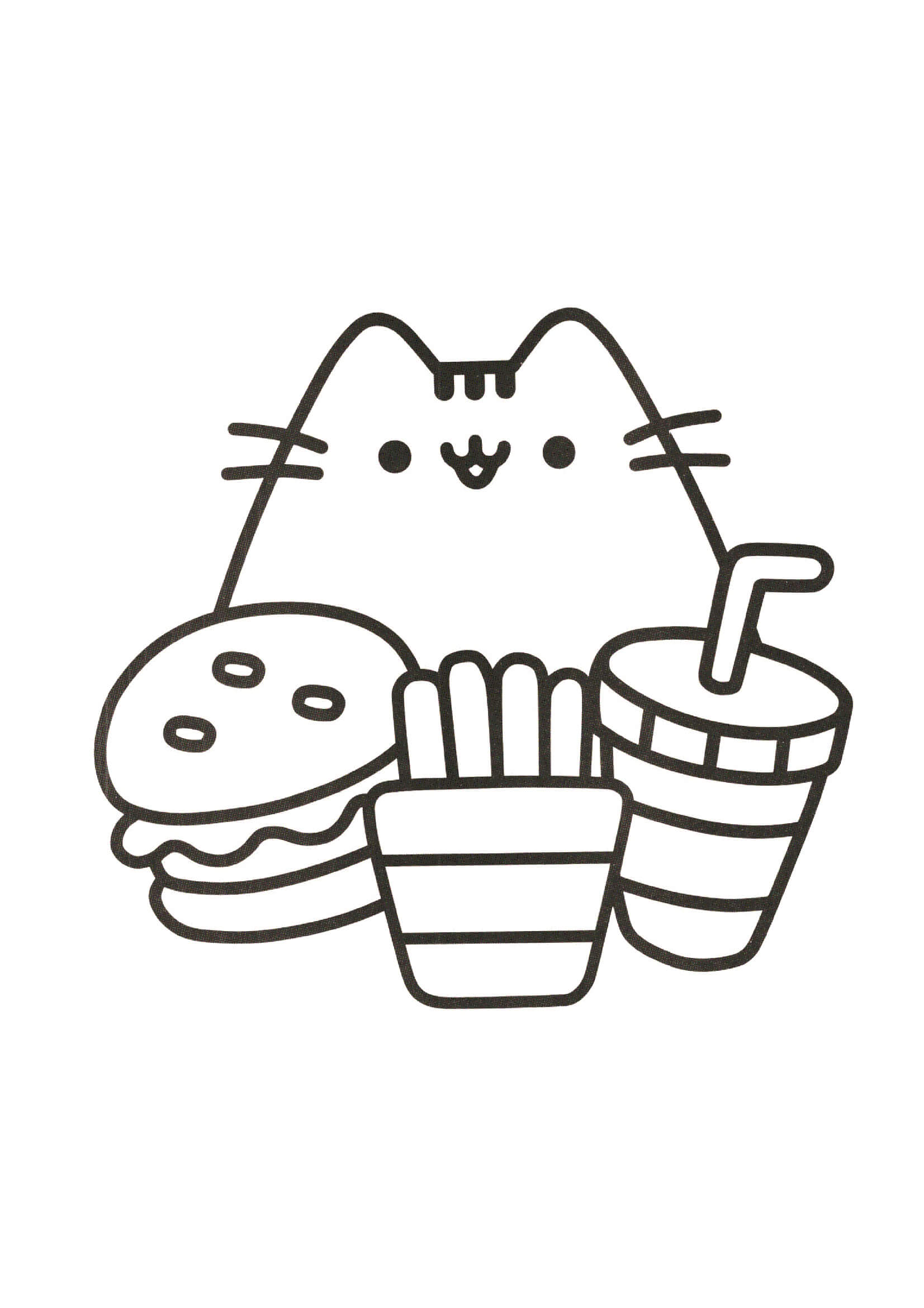 dibujo gato de pusheen y comida kawaii para colorear
