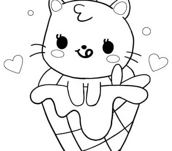 dibujo gato kawaii en helado para colorear