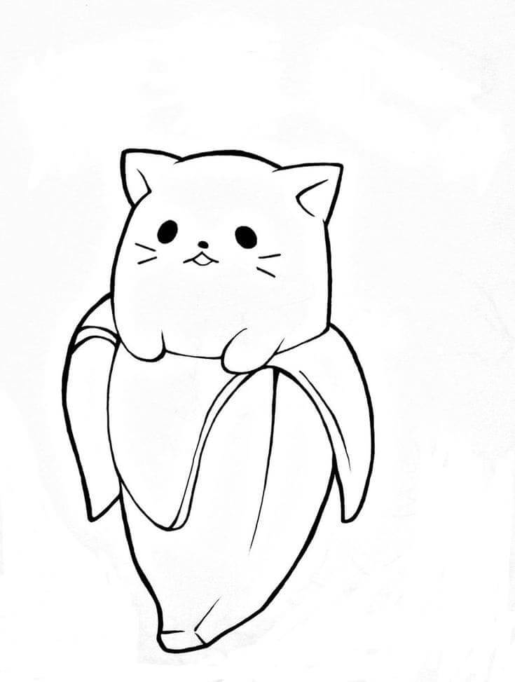 dibujo gato platano kawaii para colorear