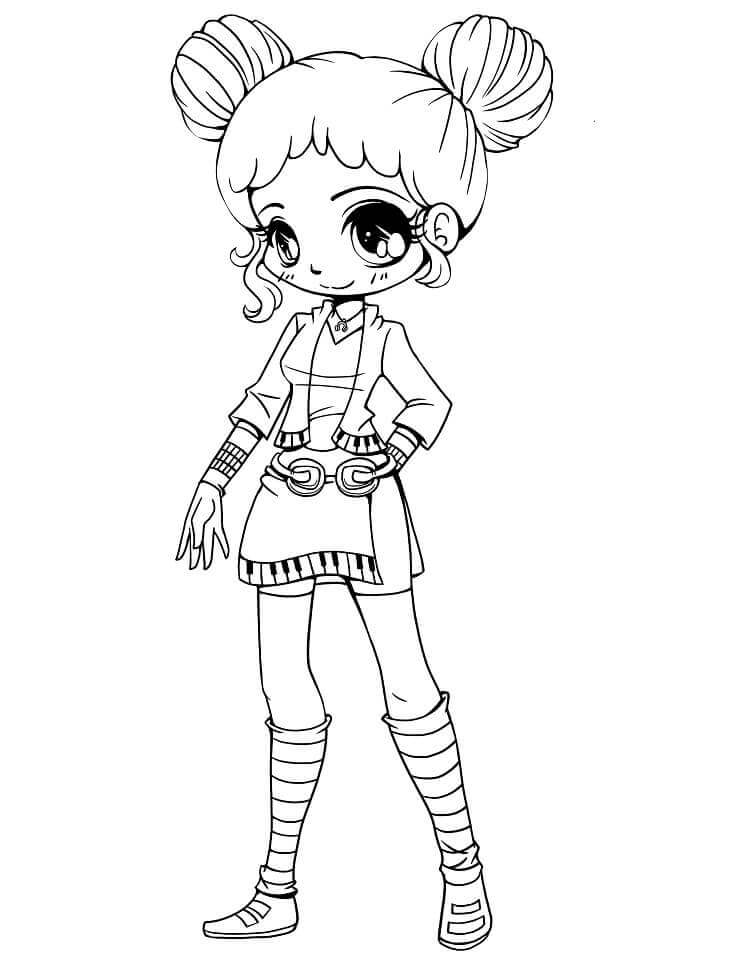 dibujo kawaii chica dibujos animados sonriendo para colorear