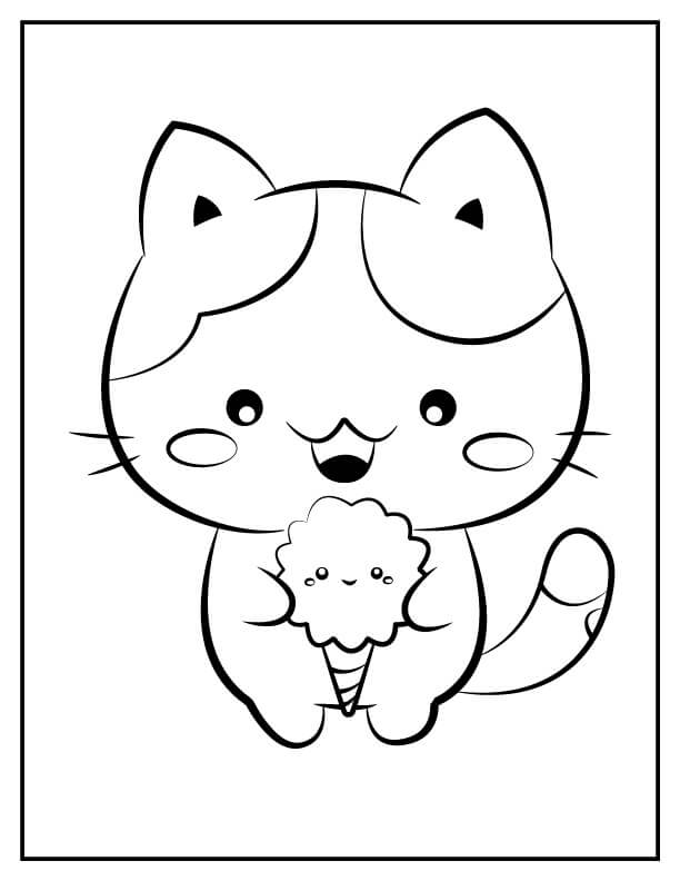 dibujo kawaii gatito sosteniendo helado para colorear