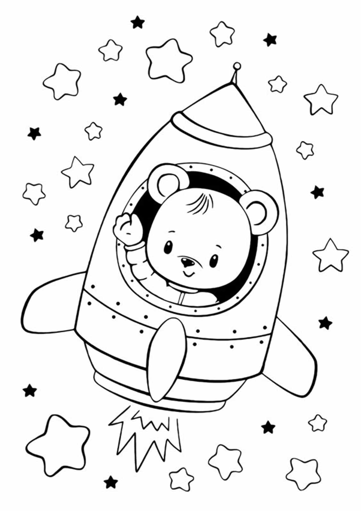 dibujo kawaii oso en cohete para colorear