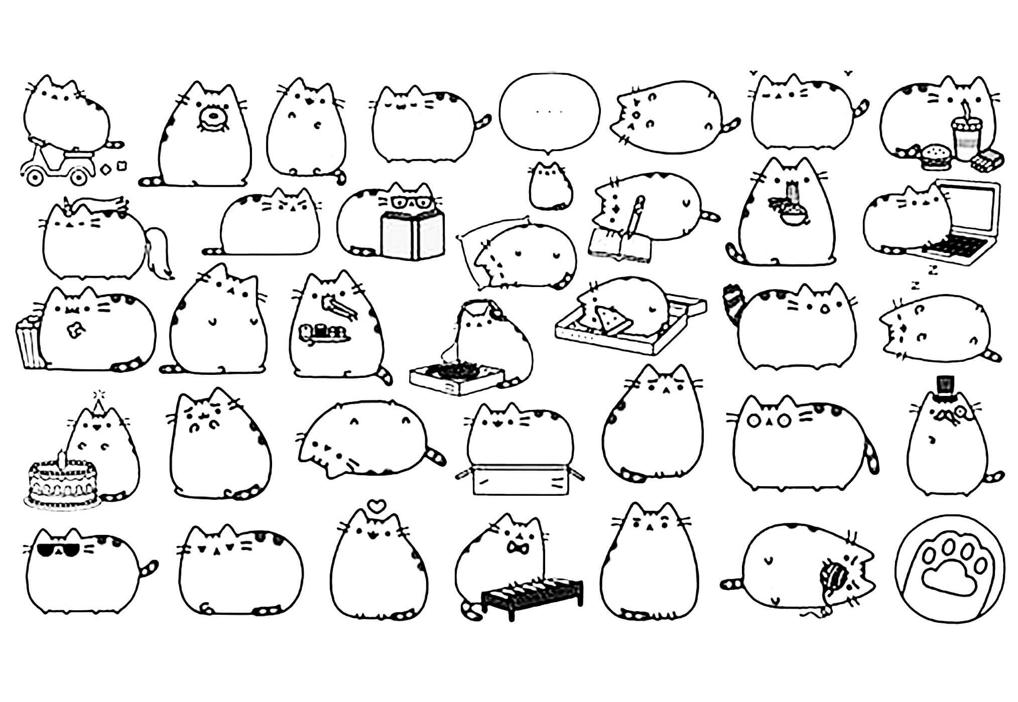 dibujo kawaii pusheen gato en hamburguesa para colorear