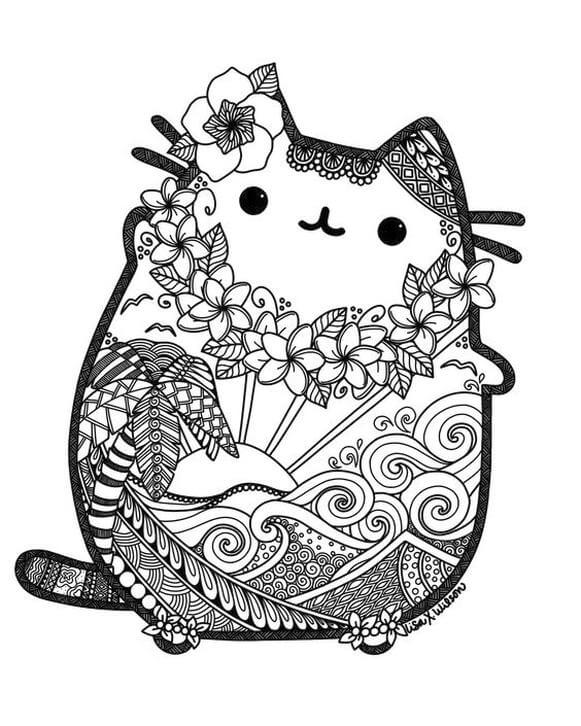 dibujo mandala gato pusheen kawaii para colorear