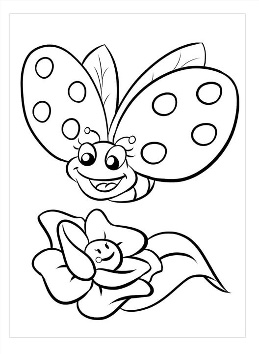 dibujo mariposa basica y flor kawaii para colorear