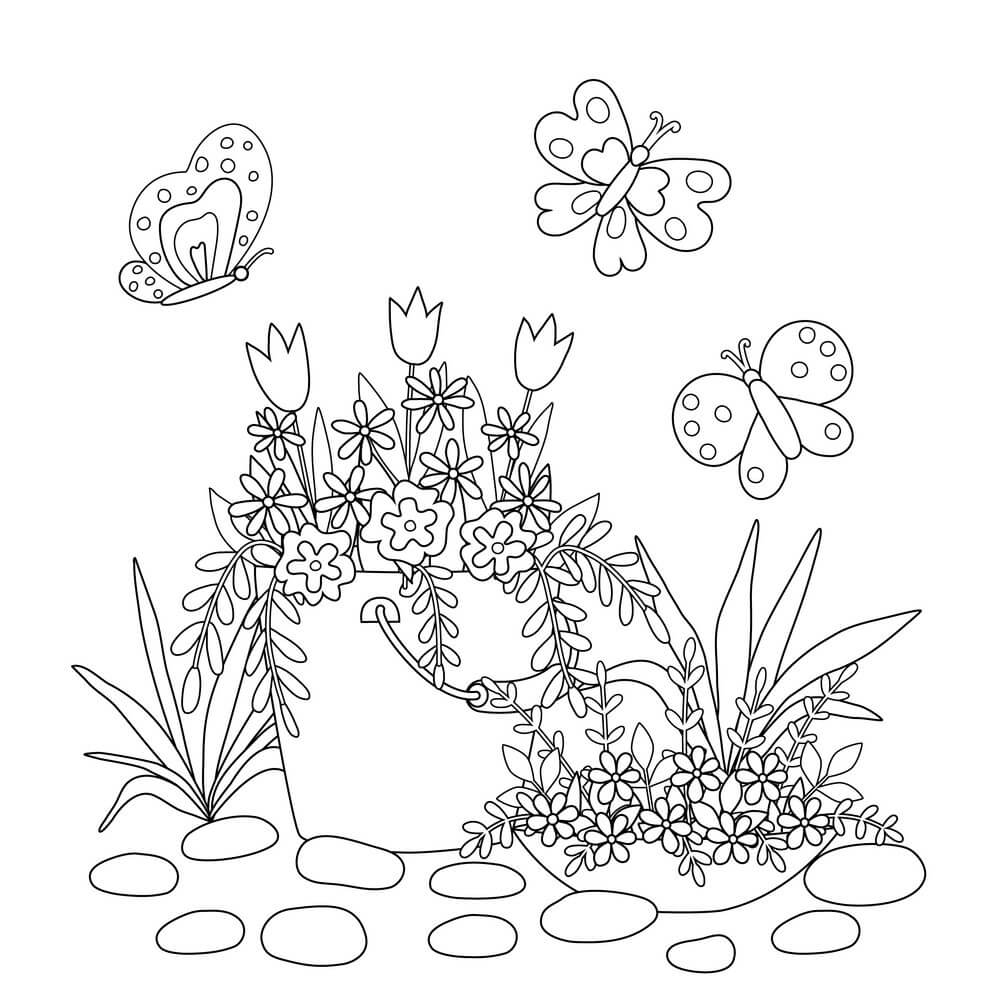 dibujo mariposa y flor kawaii para colorear