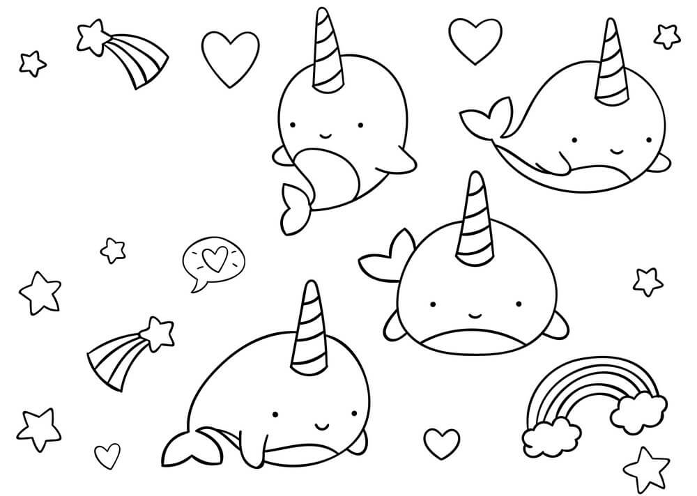 dibujo narwal kawaii para colorear