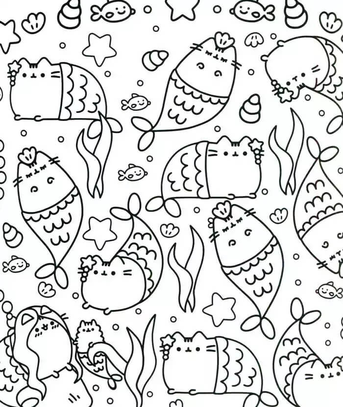 dibujo sirena de pusheen kawaii para colorear