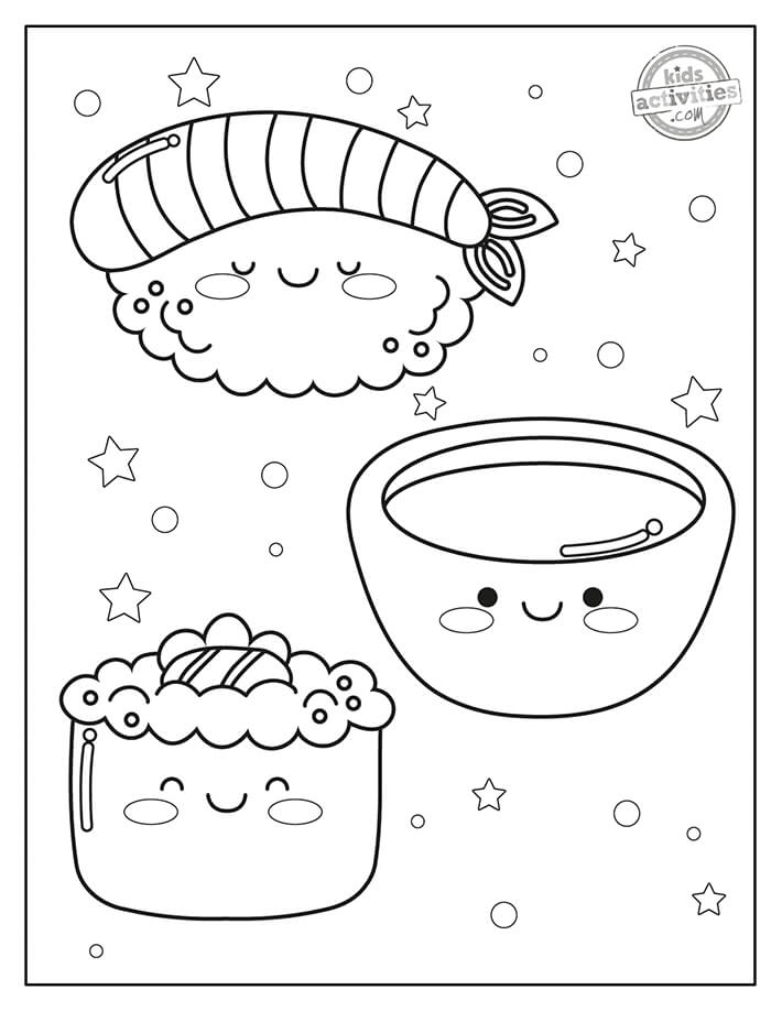 dibujo tres alimentos kawaii para colorear