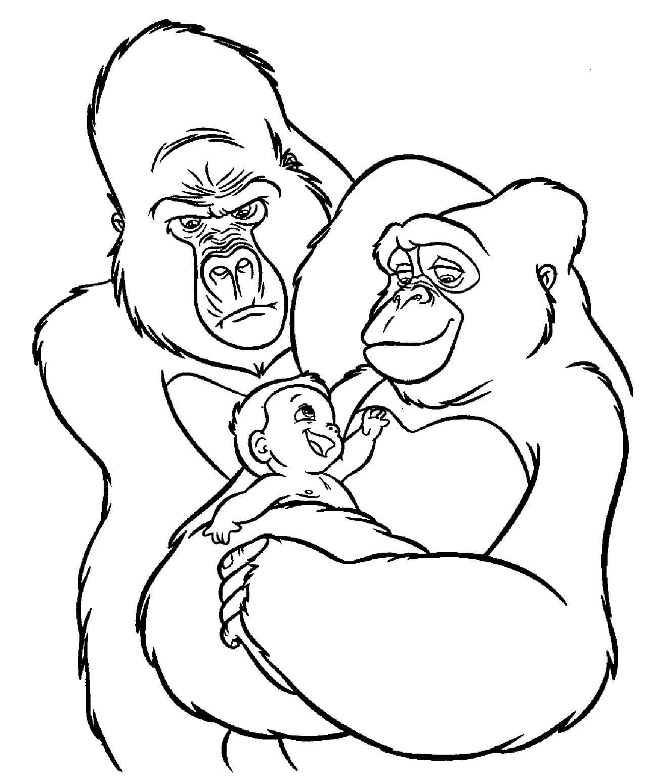 Dibujo de dos King Kong Con Bebé para Colorear y Imprimir