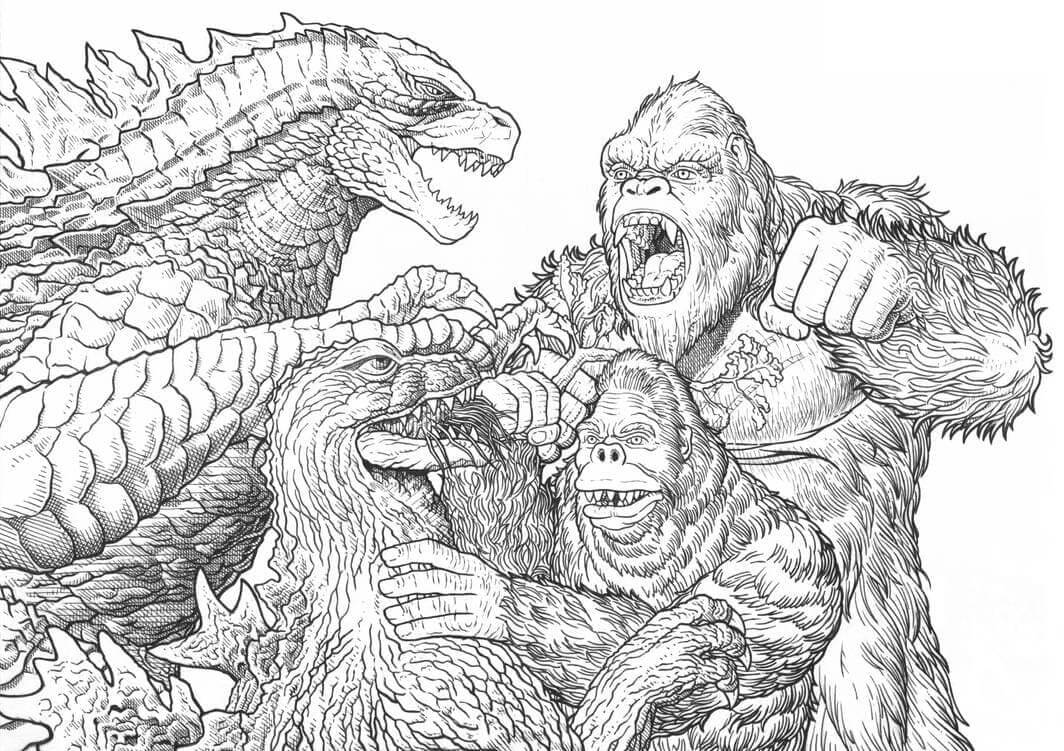 Dibujo de dos King Kong Vs dos Godzilla para Colorear y Imprimir