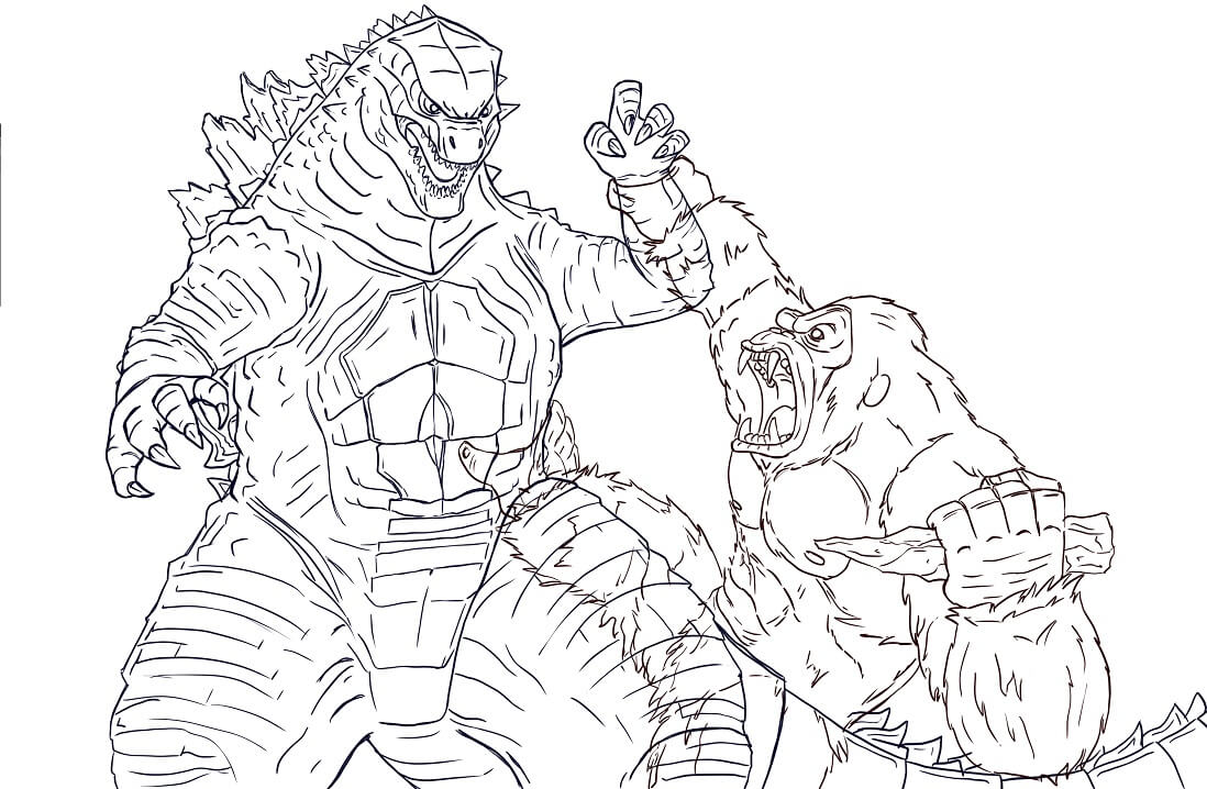 Dibujo de Genial Godzilla Vs King Kong para Colorear y Imprimir