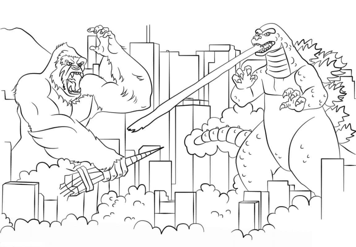 Dibujo de Godzilla Contra King Kong En La Ciudad para Colorear y Imprimir
