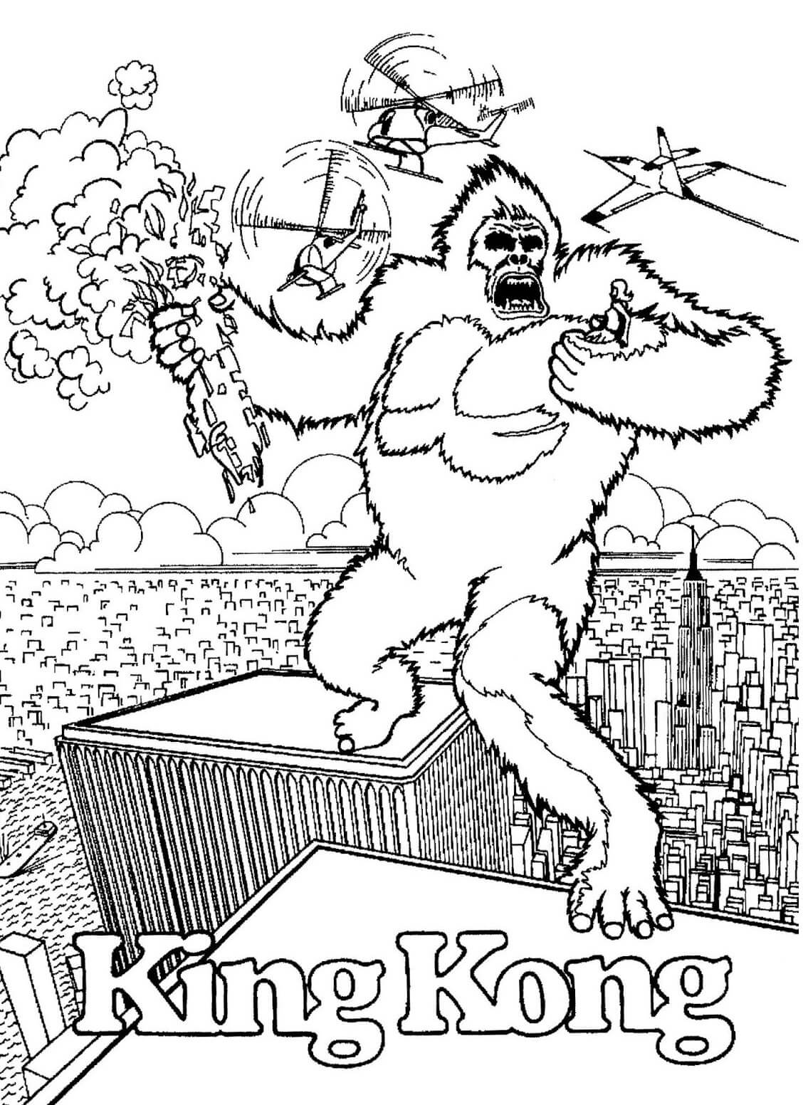 Dibujo de King Kong Enojado En La Ciudad para Colorear y Imprimir