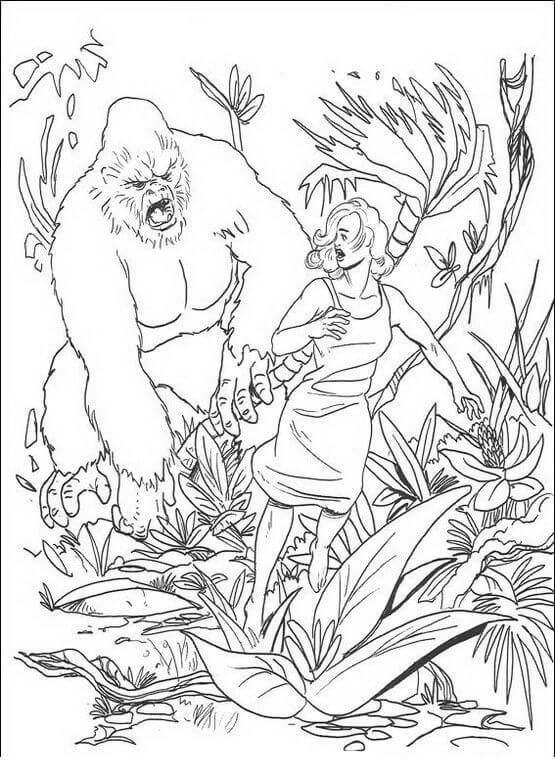 Dibujo de King Kong Persigue a La Chica que Corre para Colorear y Imprimir