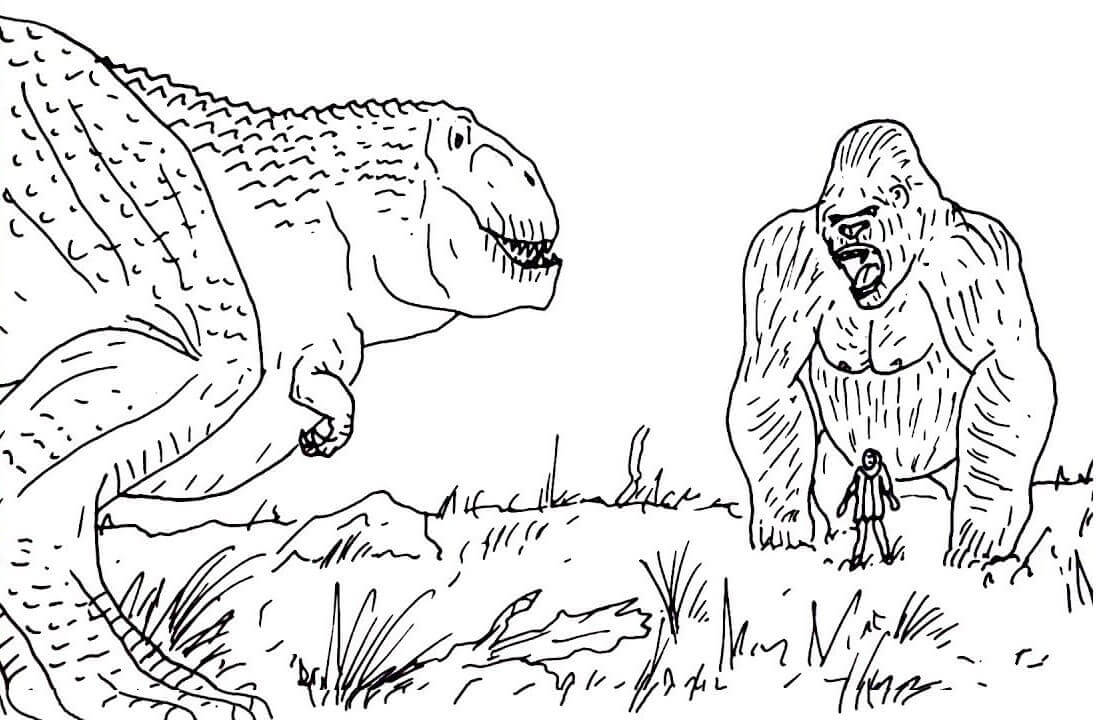 Dibujo de King Kong Vs Un Tiranosaurio Rex para Colorear y Imprimir
