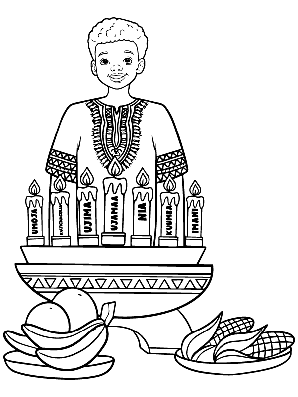 Dibujo de Pagina para Colorear de Kwanzaa Con Un Niño Africano para Colorear y Imprimir