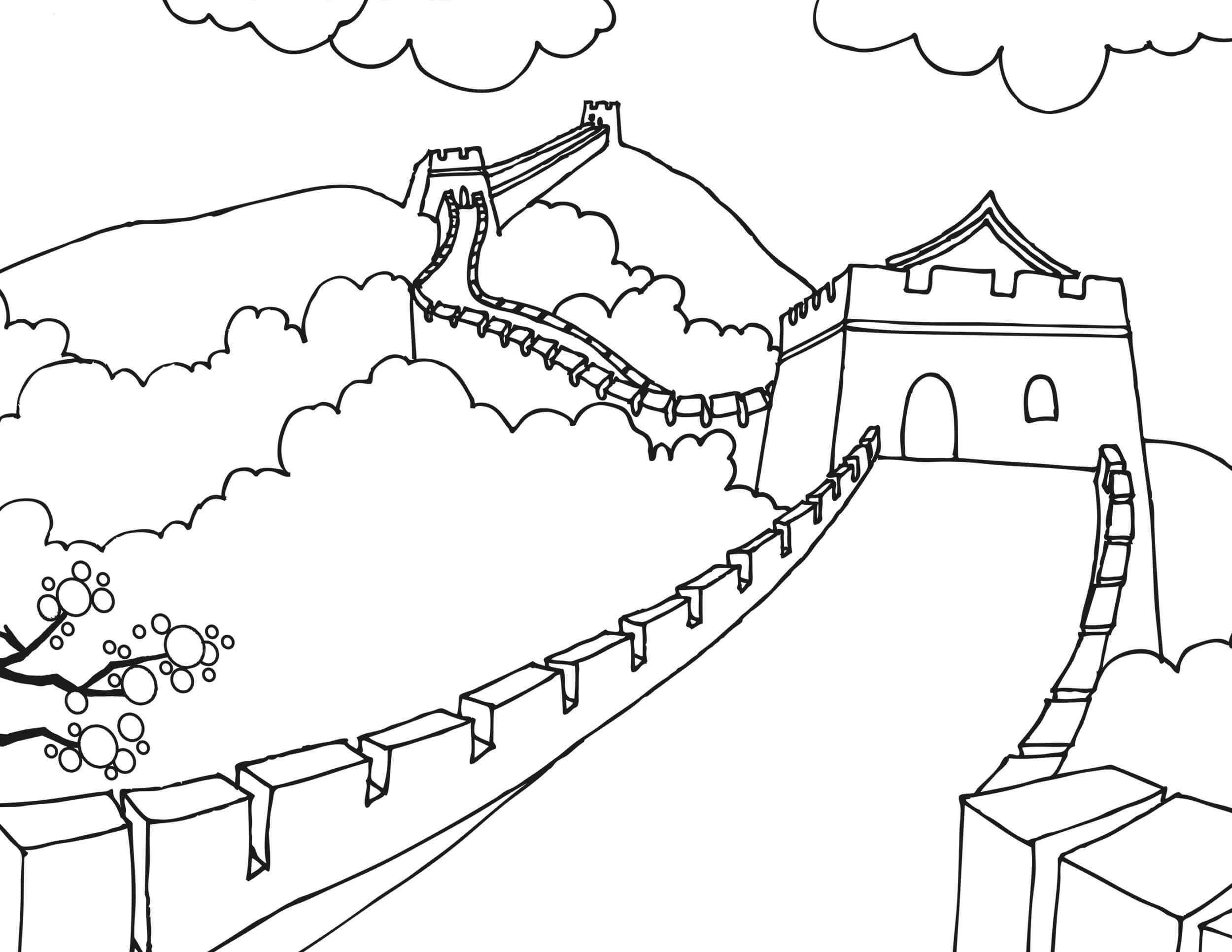 Dibujo de Gran Muralla Con Nubes para Colorear y Imprimir