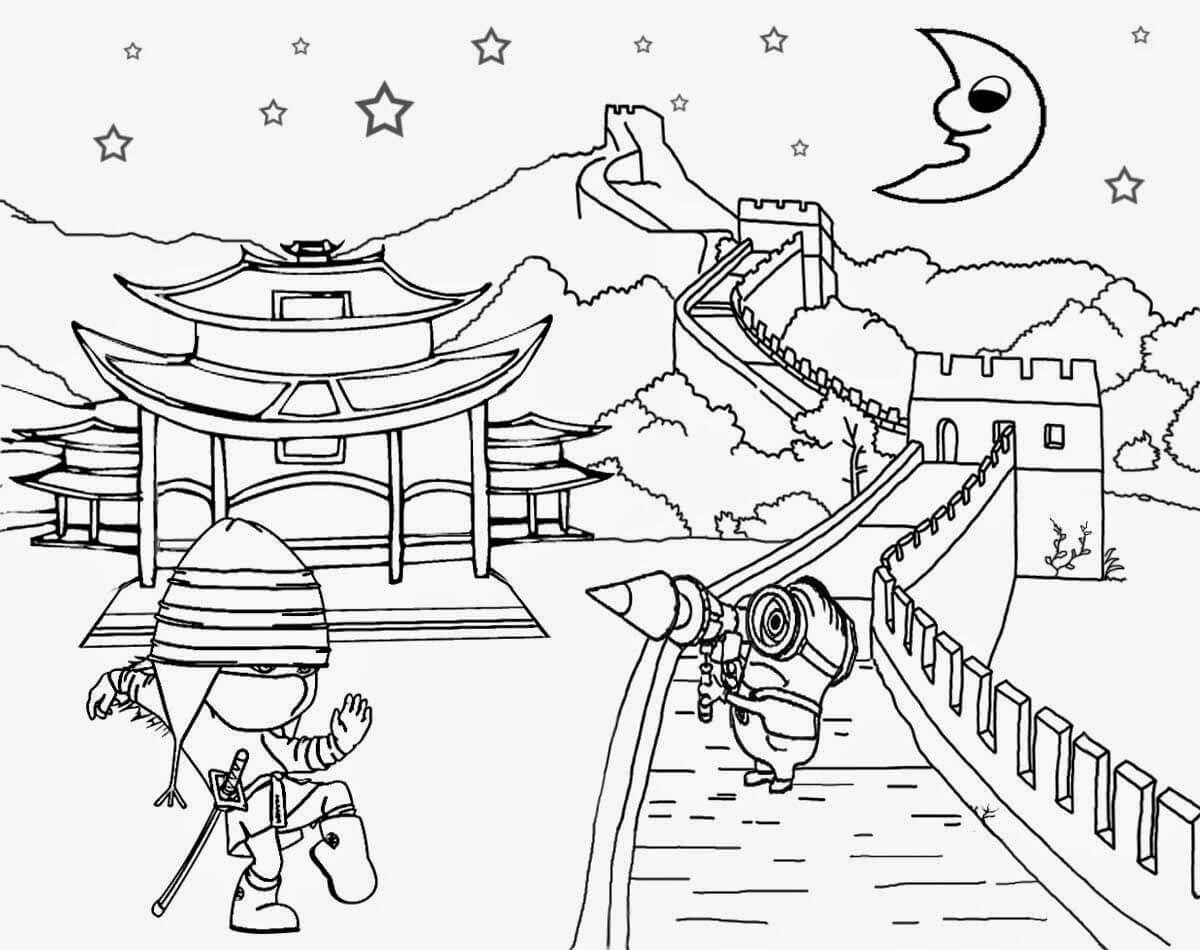 Dibujo de Minion En Gran Muralla para Colorear y Imprimir