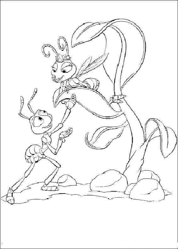 Dibujo de Flik y Atta Con Árbol para Colorear y Imprimir