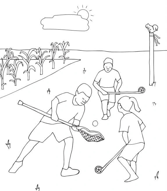 Dibujo de Tres Niños Jugando Lacrosse para Colorear y Imprimir