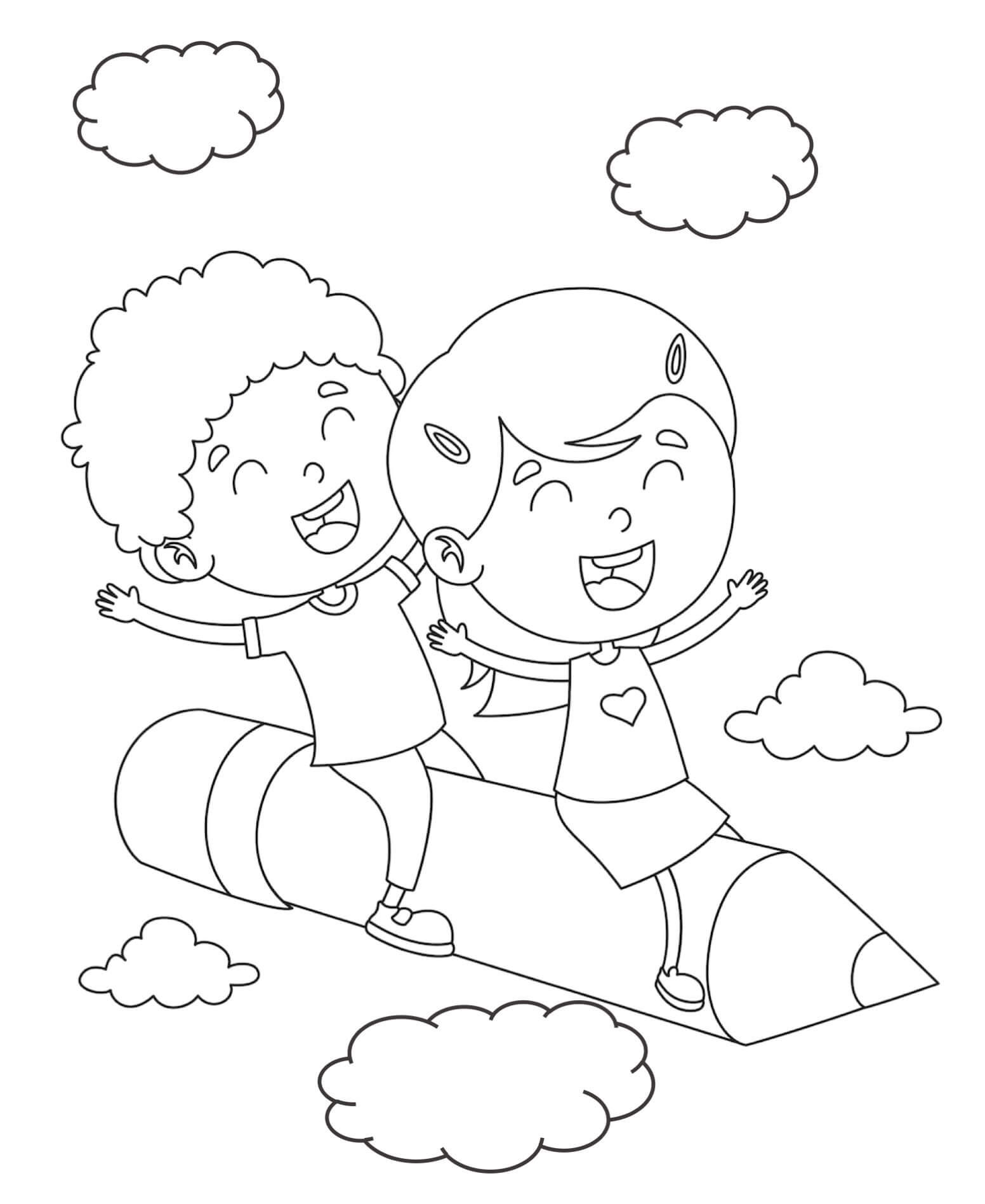 dibujos dos ninos montando lapiz para colorear