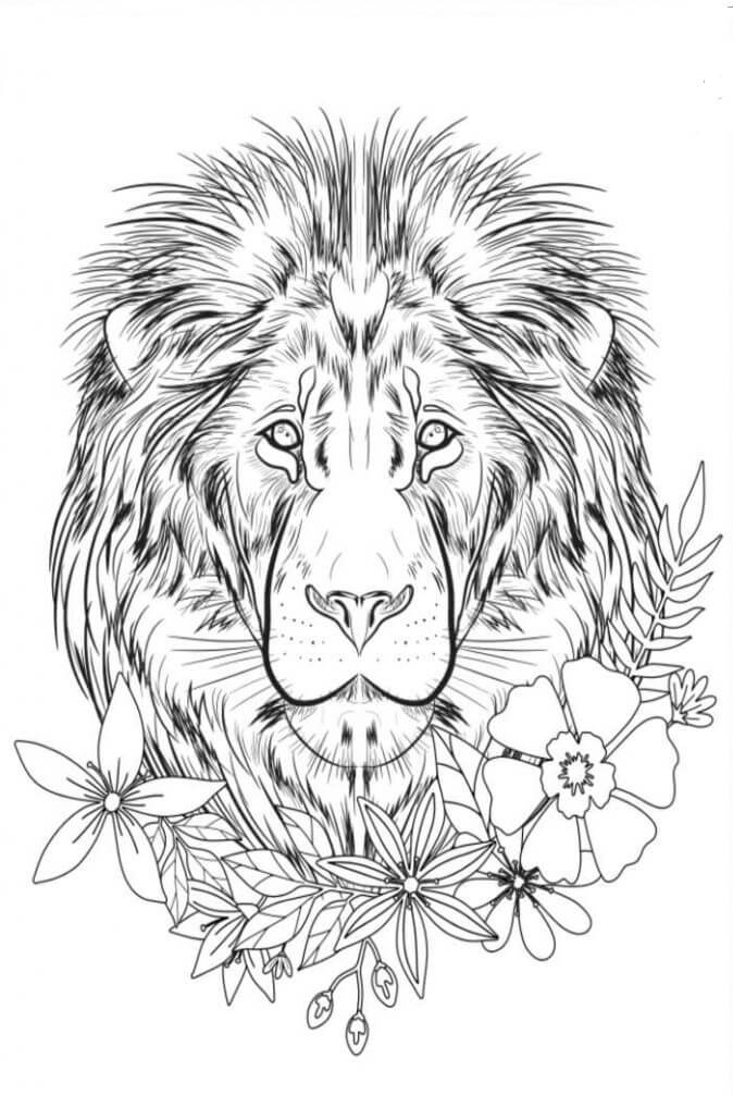 Dibujo de Leones y Flores para Colorear y Imprimir