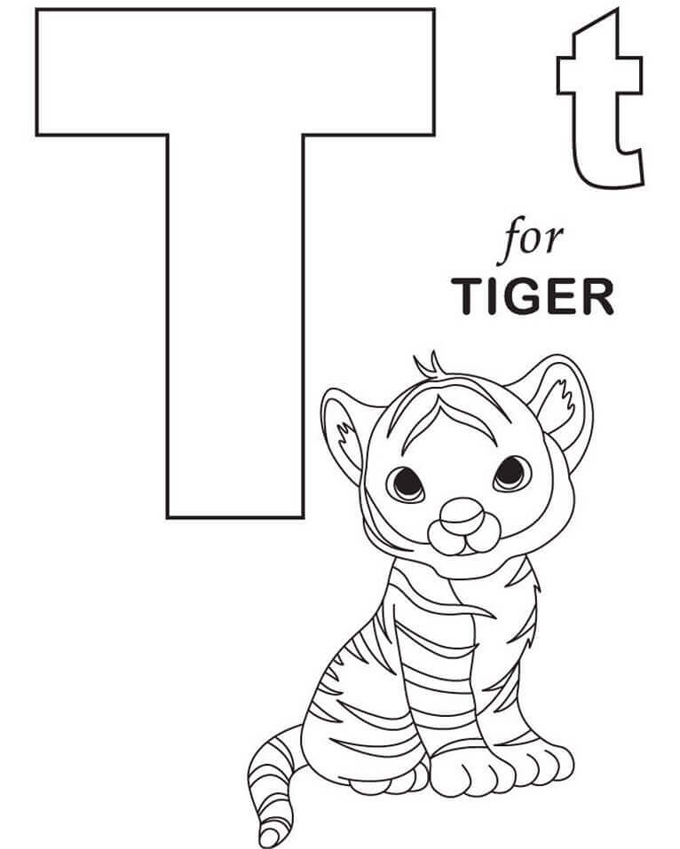 Dibujo de Bebé Tigre Letra T para Colorear y Imprimir