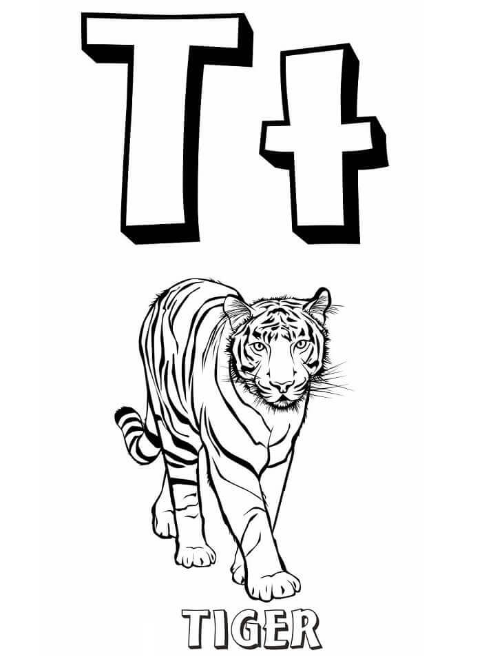Dibujo de Fresco Tigre Letra T para Colorear y Imprimir