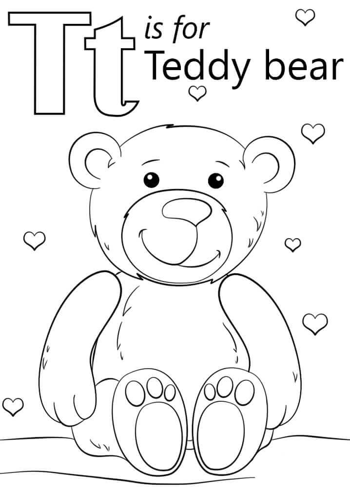 Dibujo de Oso de Peluche Letra T para Colorear y Imprimir