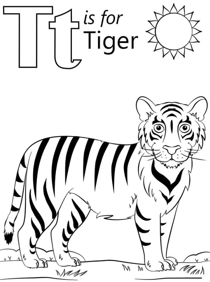 Dibujo de Tigre Letra T para Colorear y Imprimir