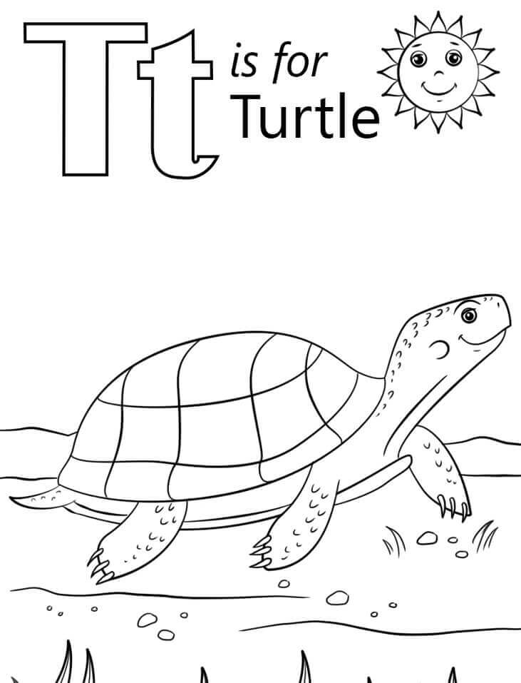 Dibujo de Tortuga Letra T para Colorear y Imprimir