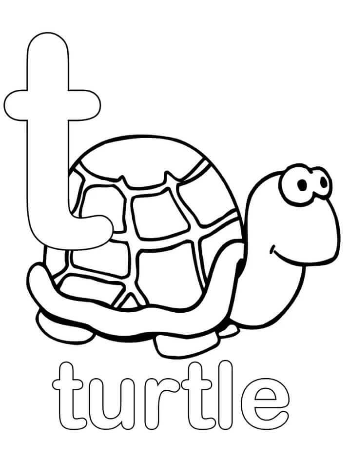 Dibujo de Tortuga Linda Letra T para Colorear y Imprimir