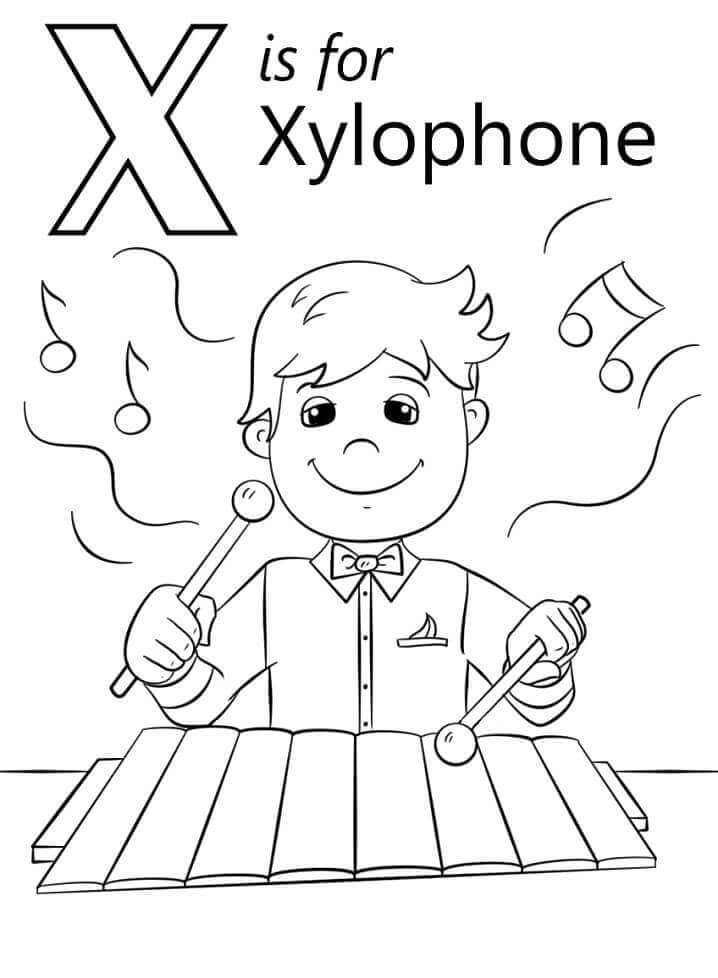 dibujo de xilofono con nino letra x para colorear