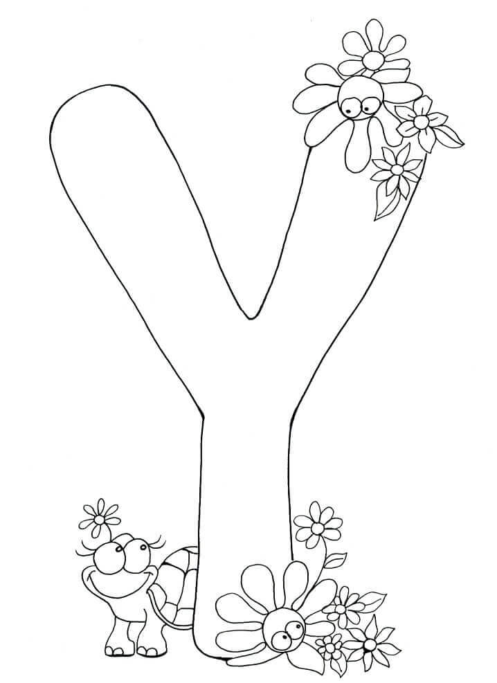 dibujo letra y con tortuga y flor para colorear
