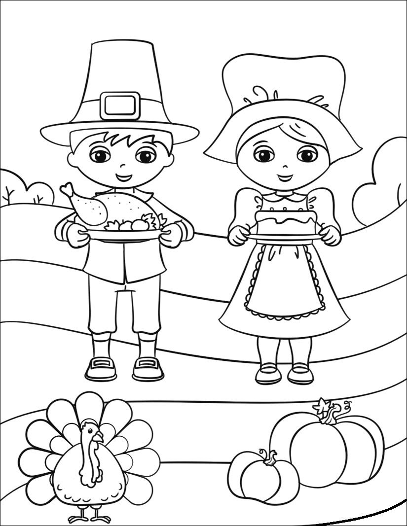 Dibujo de Lindo Peregrino Niño y Niña para Colorear y Imprimir