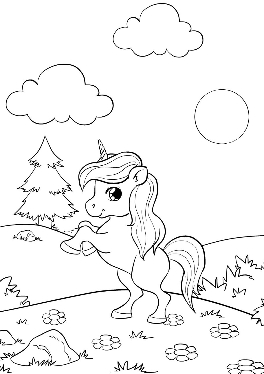 Dibujo de Pequeño Unicornio Linda para Colorear y Imprimir