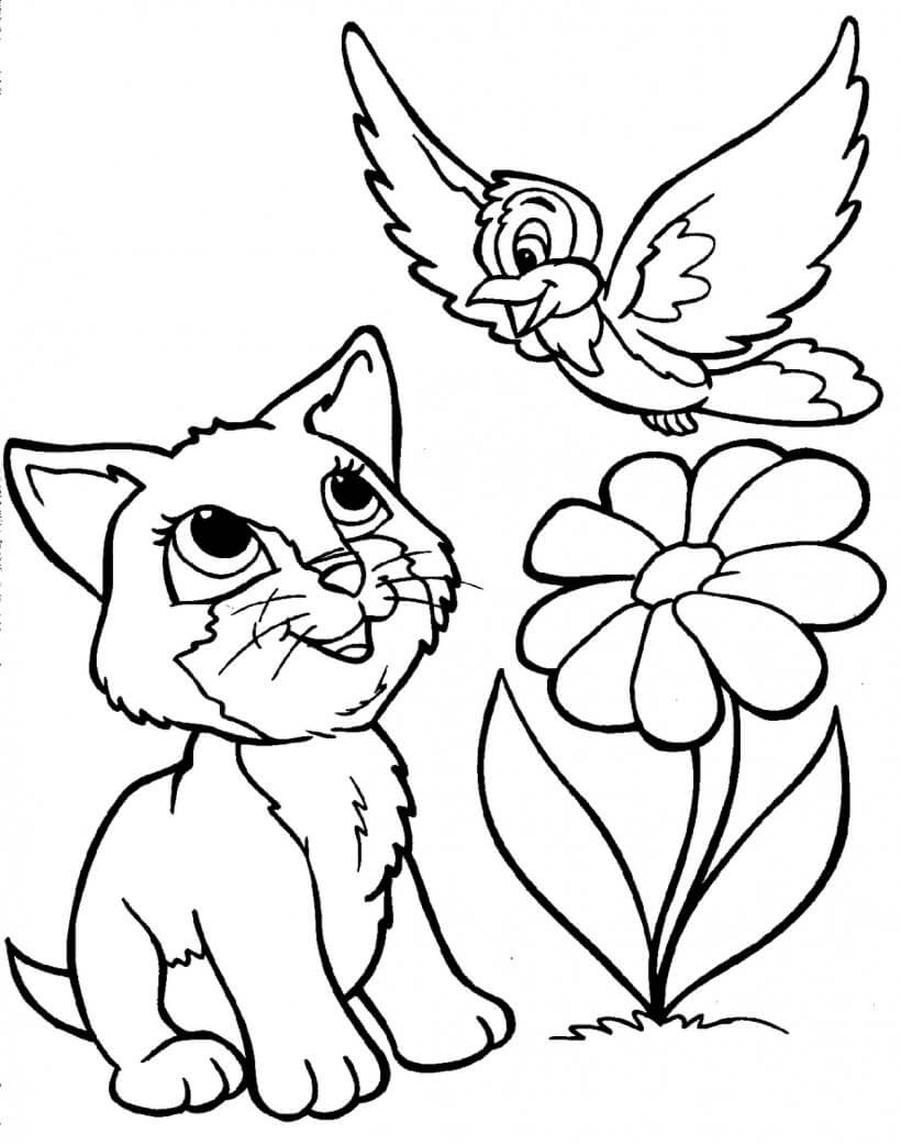 Dibujo de Lindo Gato y Pájaro para Colorear y Imprimir