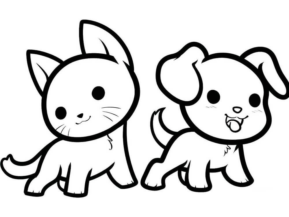 Dibujo de Lindo Gato y Perro para Colorear y Imprimir