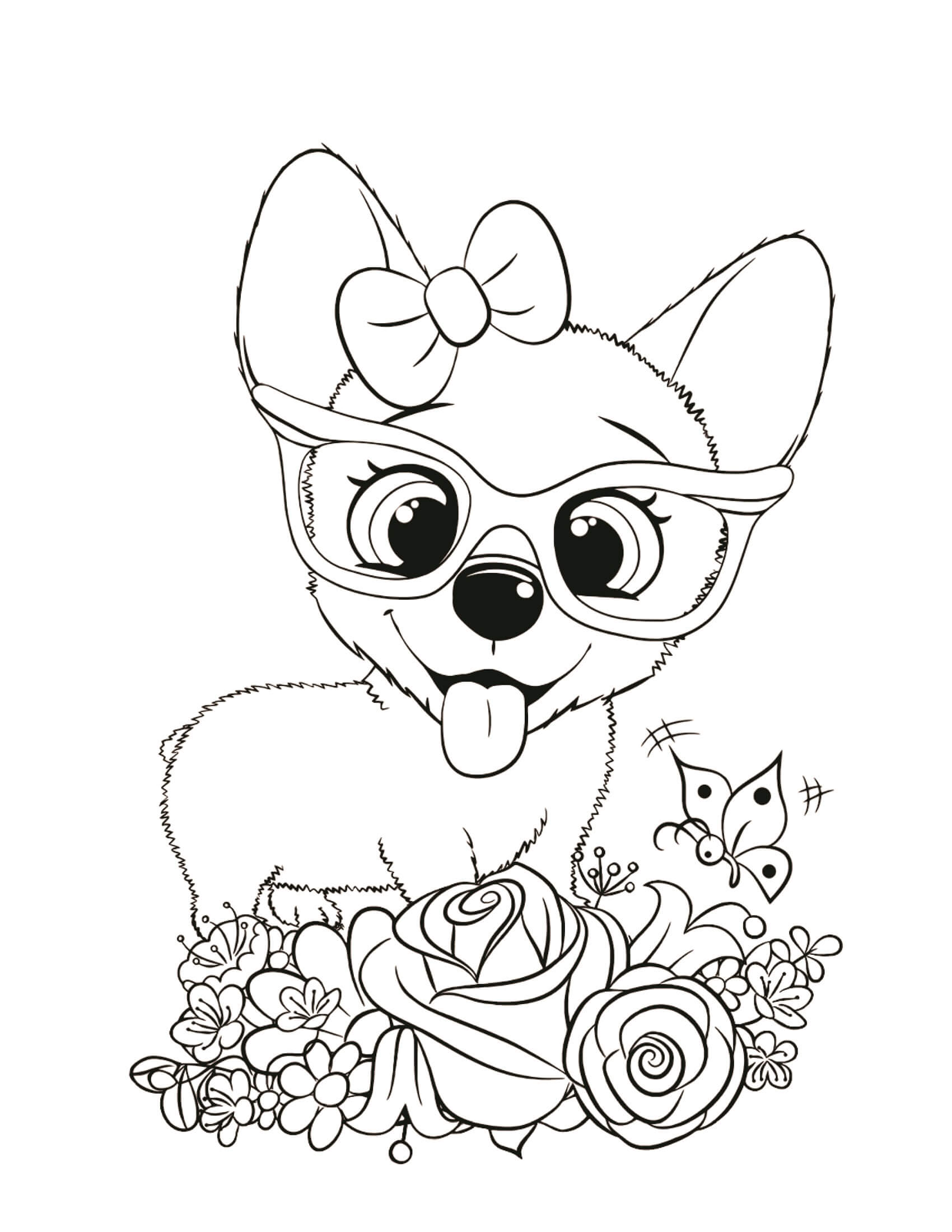 Dibujo de Lindo Perro Con Rosa para Colorear y Imprimir