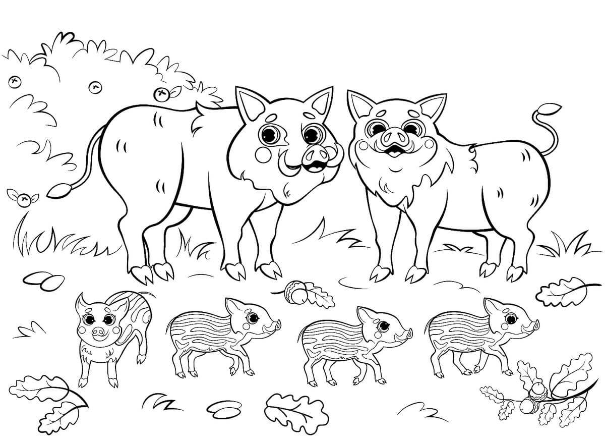 Dibujo de Lindos Cerdos Familiares para Colorear y Imprimir