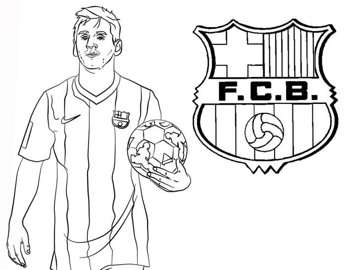 Dibujo de Lionel Messi Con Balón y Logo Barcelona para Colorear y Imprimir