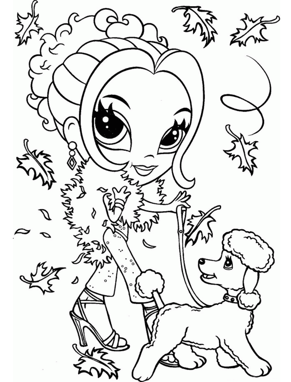 Dibujo de Chica Glamour Con Caniche para Colorear y Imprimir