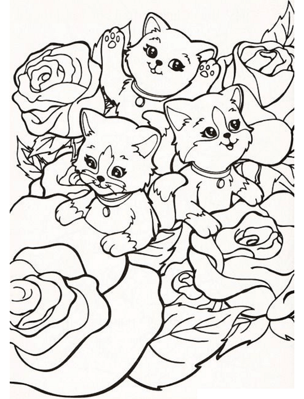Dibujo de Gatos Con Rosas de Lisa Frank para Colorear y Imprimir